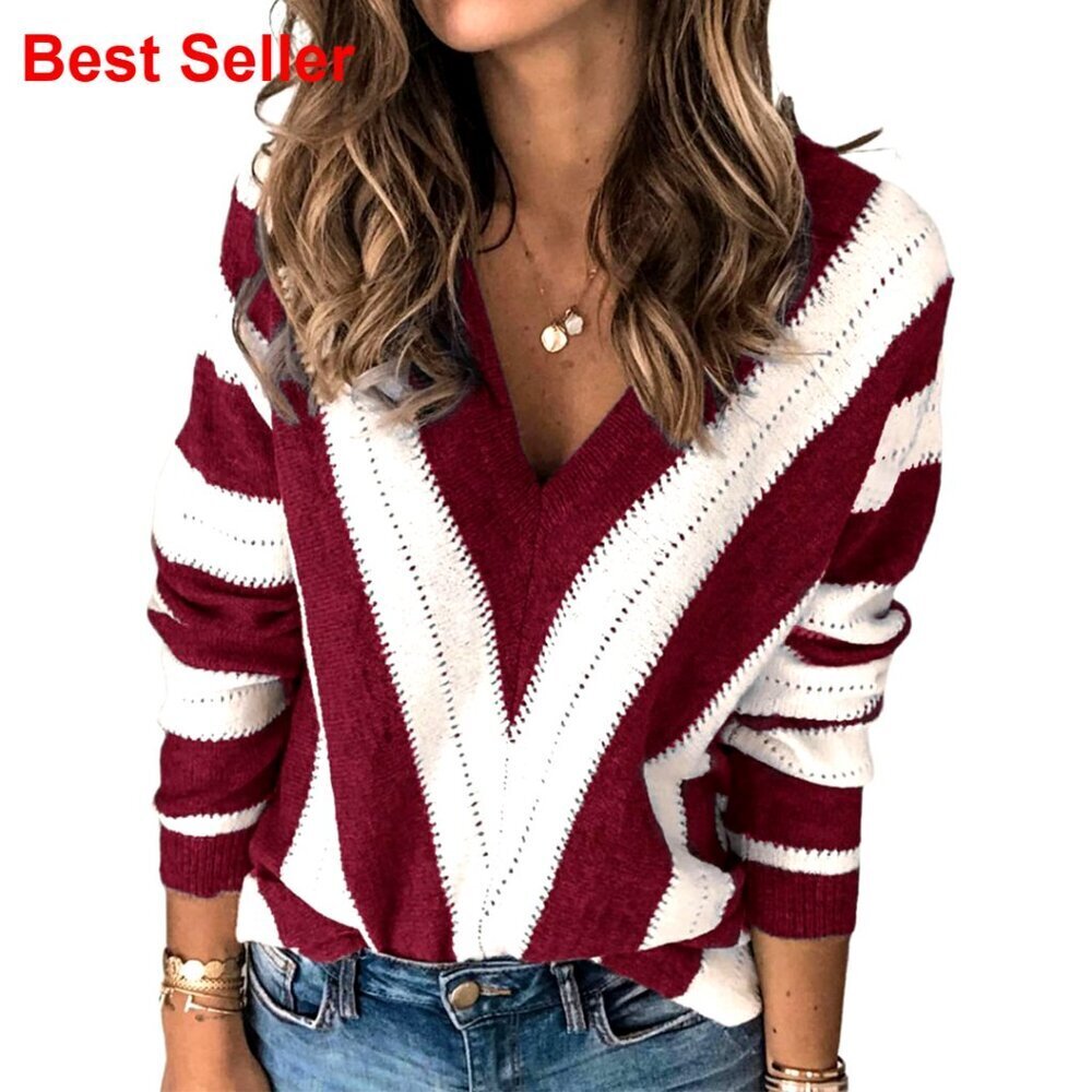 Long Sleeve V-Neck Striped Pullover Sweater, Loose Fit, Knitted